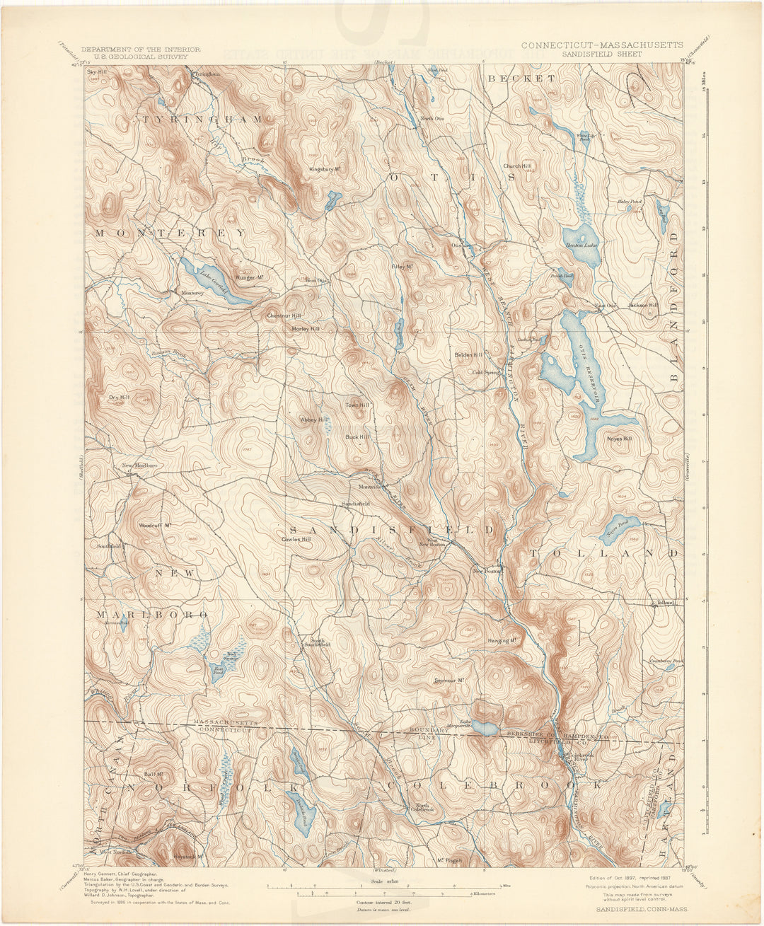 USGS Connecticut and Massachusetts: Sandisfield Sheet 1897 edition 1937 reprint