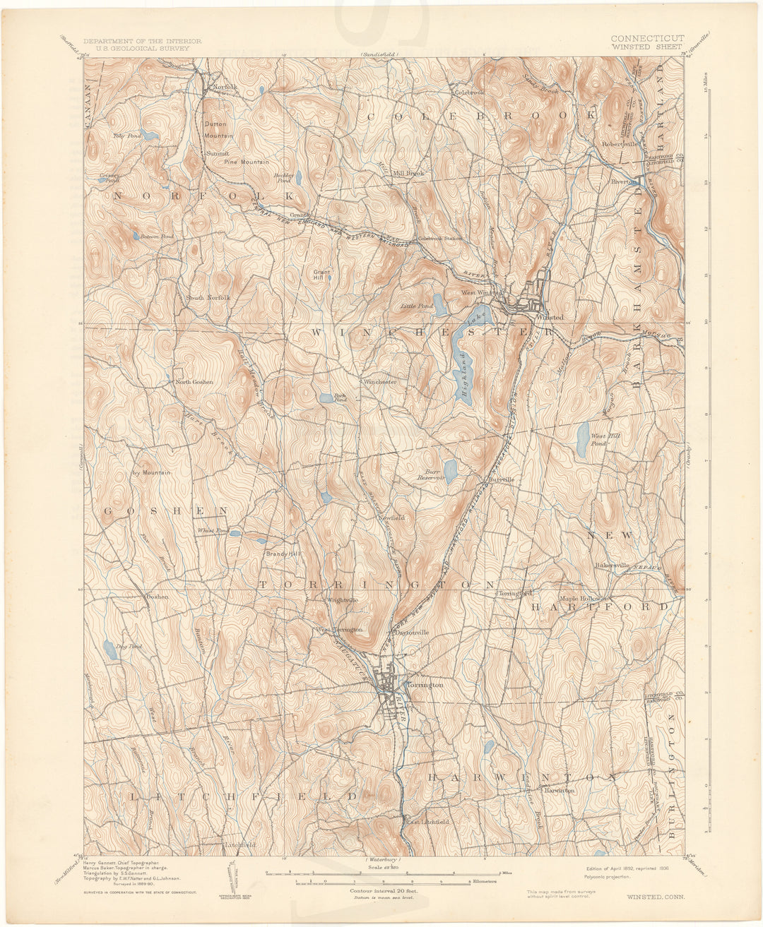 USGS Connecticut: Winsted Sheet 1892 edition 1936 reprint