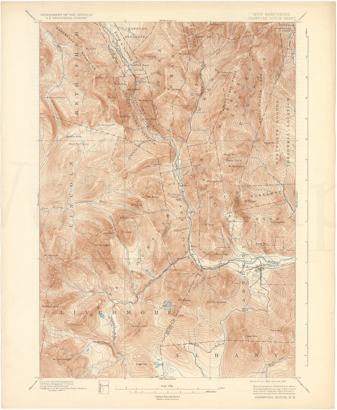 USGS New Hampshire: Crawford Notch Sheet 1896 edition 1833 reprint