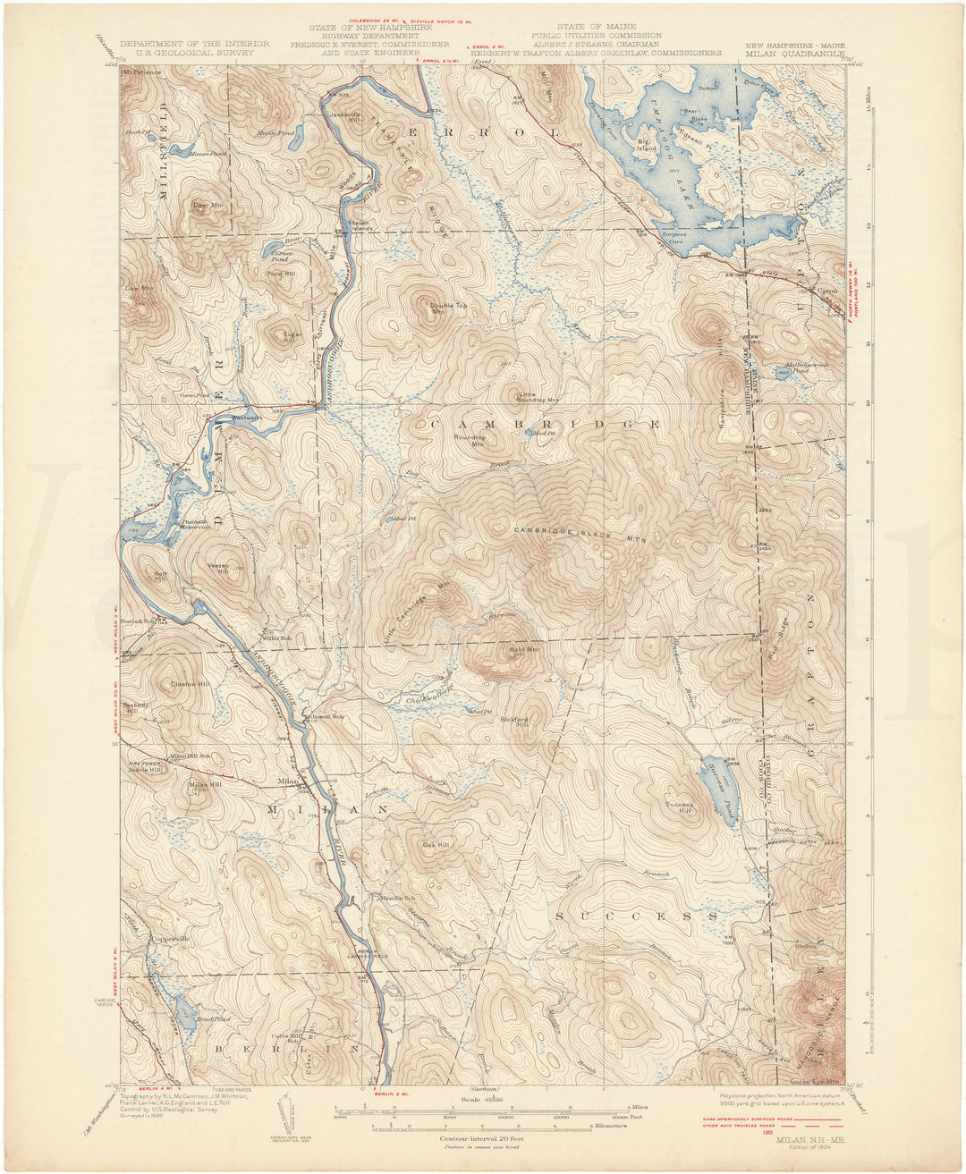 USGS New Hampshire and Maine: Milan Sheet 1934