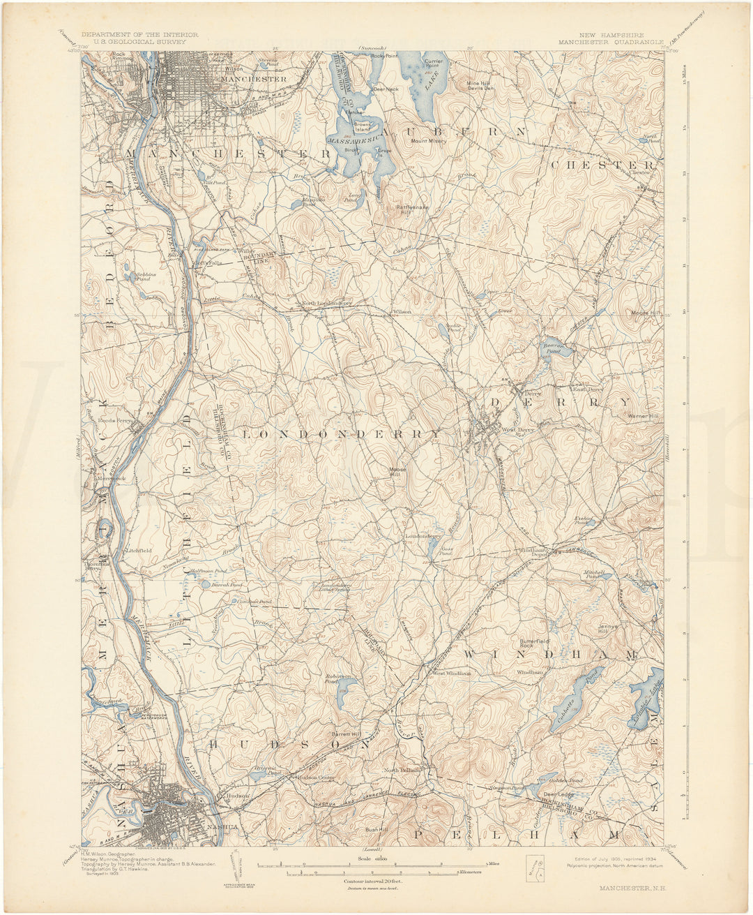 USGS New Hampshire: Manchester Sheet 1905 edition 1934 reprint