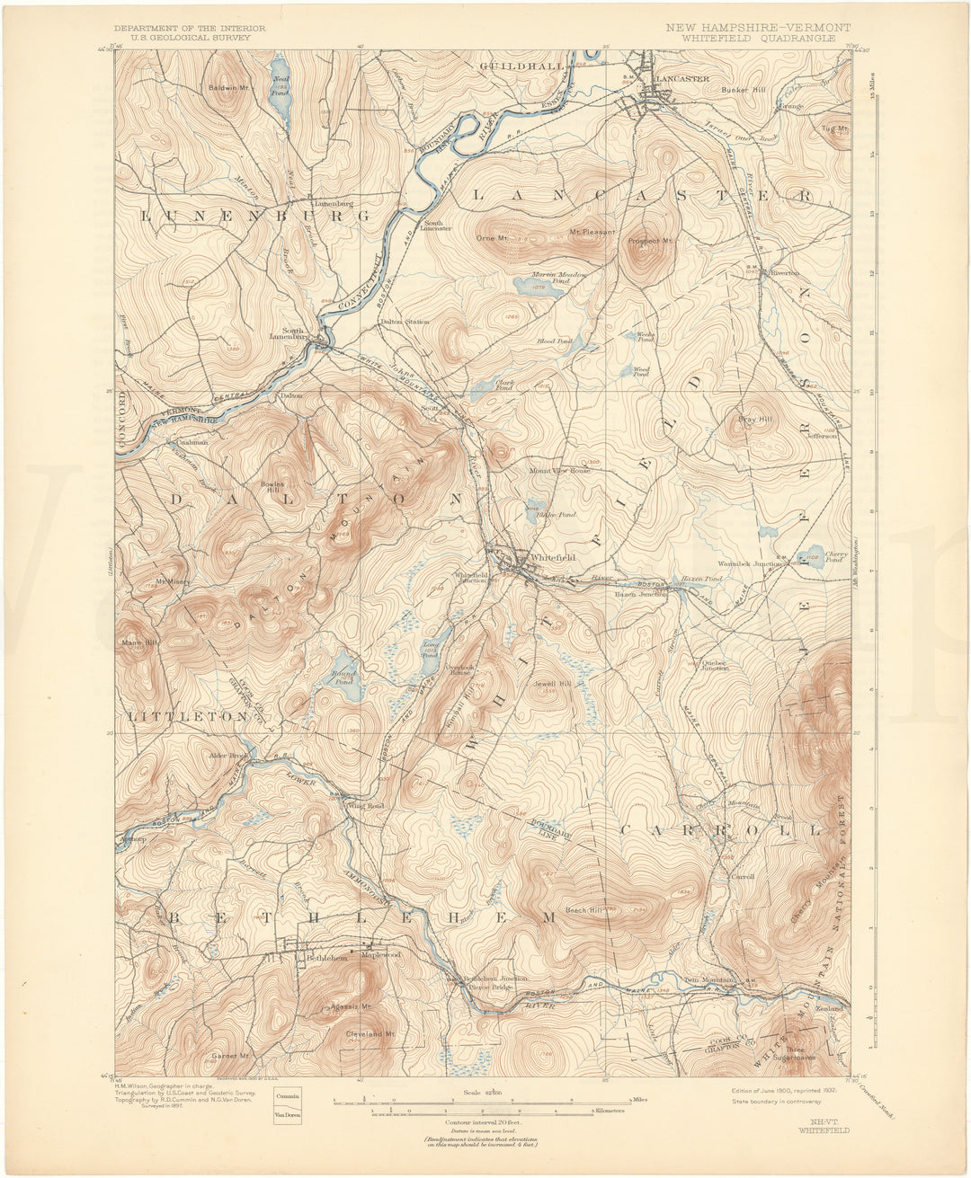 USGS New Hampshire and Vermont: Whitefield Sheet 1900 edition 1932 reprint