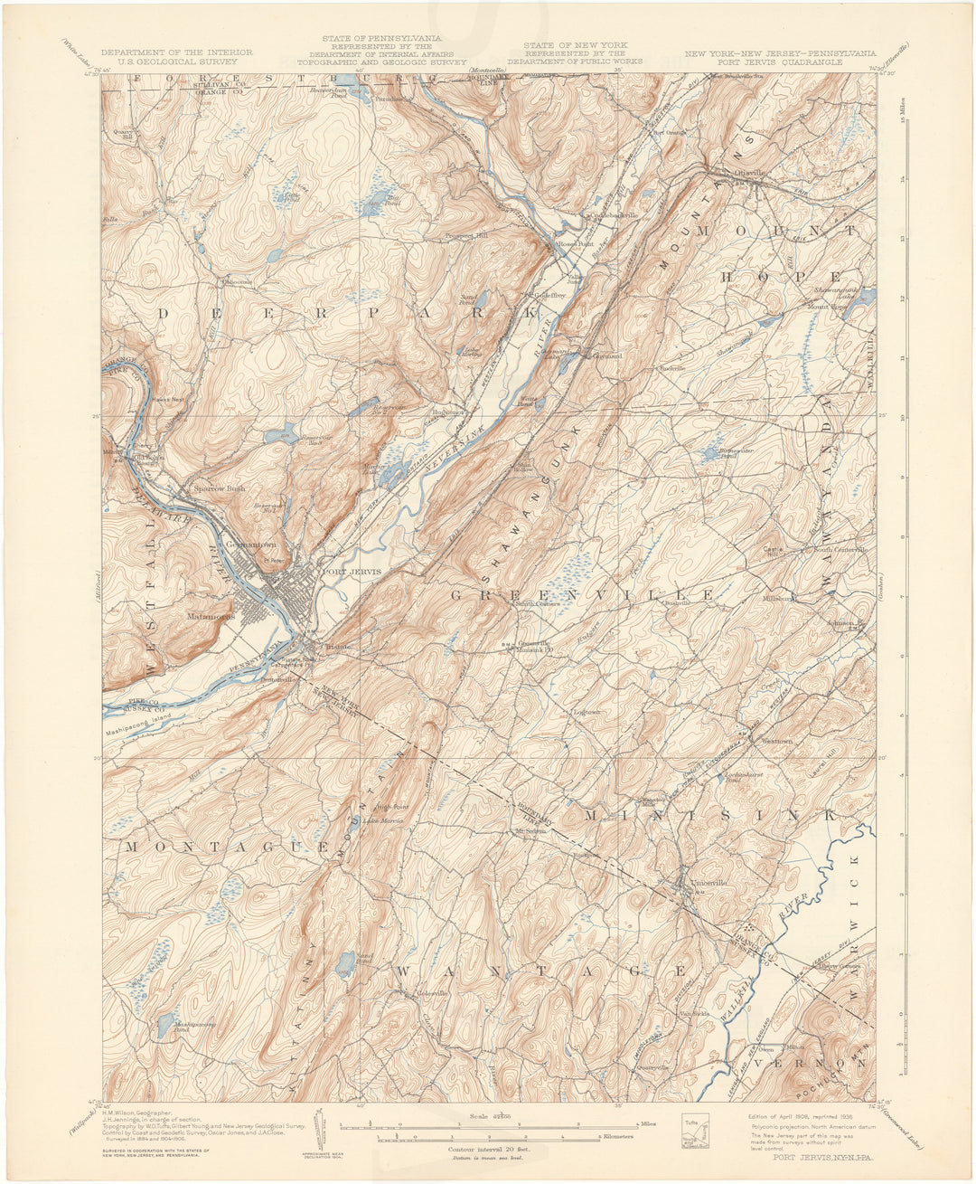USGS New York, New Jersey, and Pennsylvania: Port Jervis Sheet 1908 edition 1936 reprint