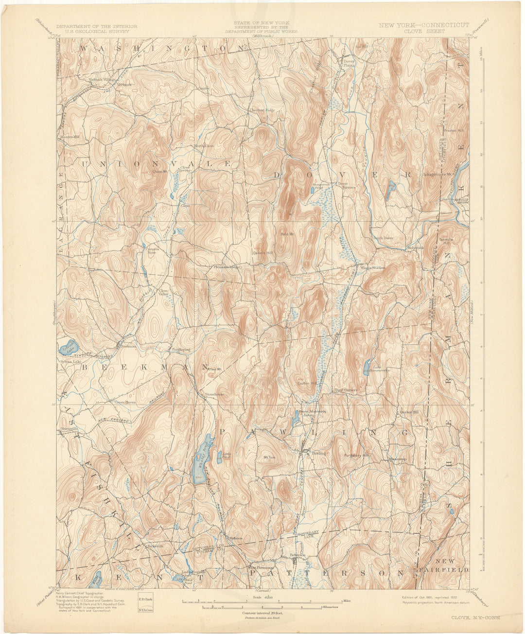 USGS New York and Connecticut: Clove Sheet 1901 edition 1932 reprint
