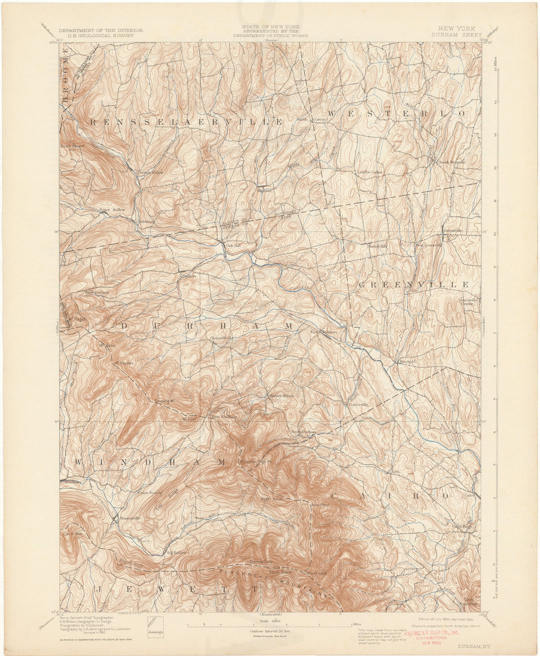 USGS New York: Durham Sheet 1894 edition 1934 reprint