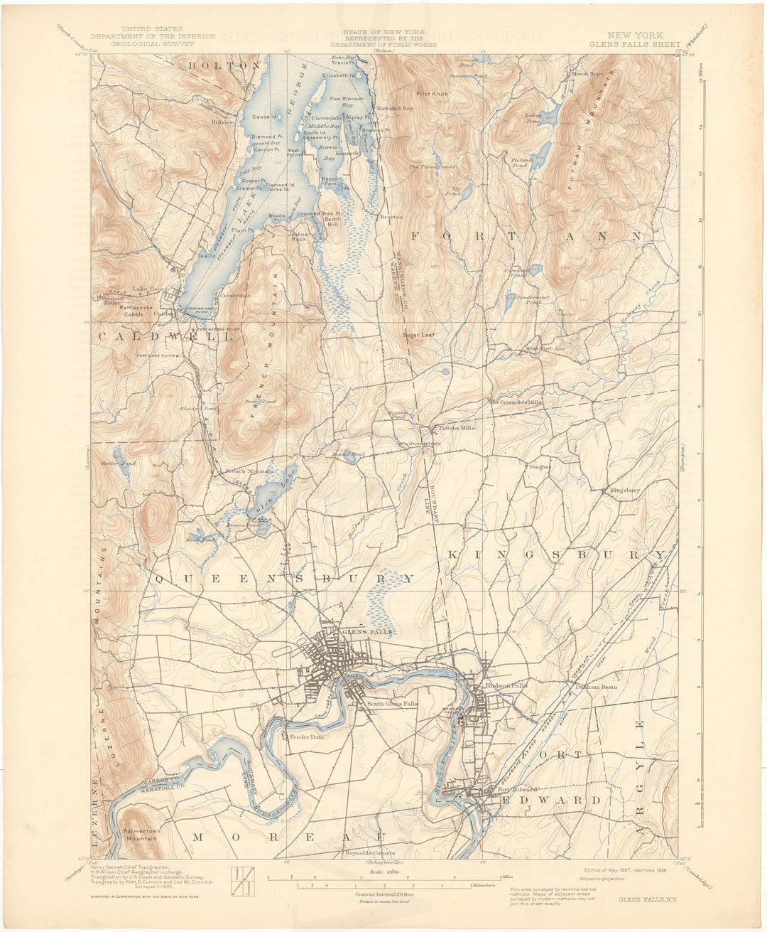 USGS New York: Glens Falls Sheet 1897 edition 1938 reprint