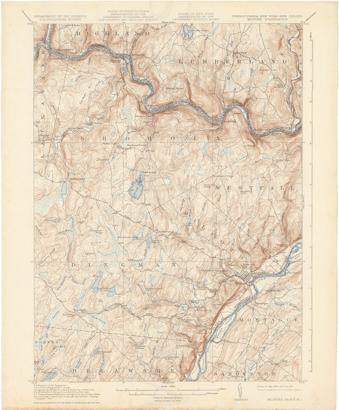 USGS New Jersey, New York, and Pennsylvania: Milford Sheet 1915 edition 1934 reprint