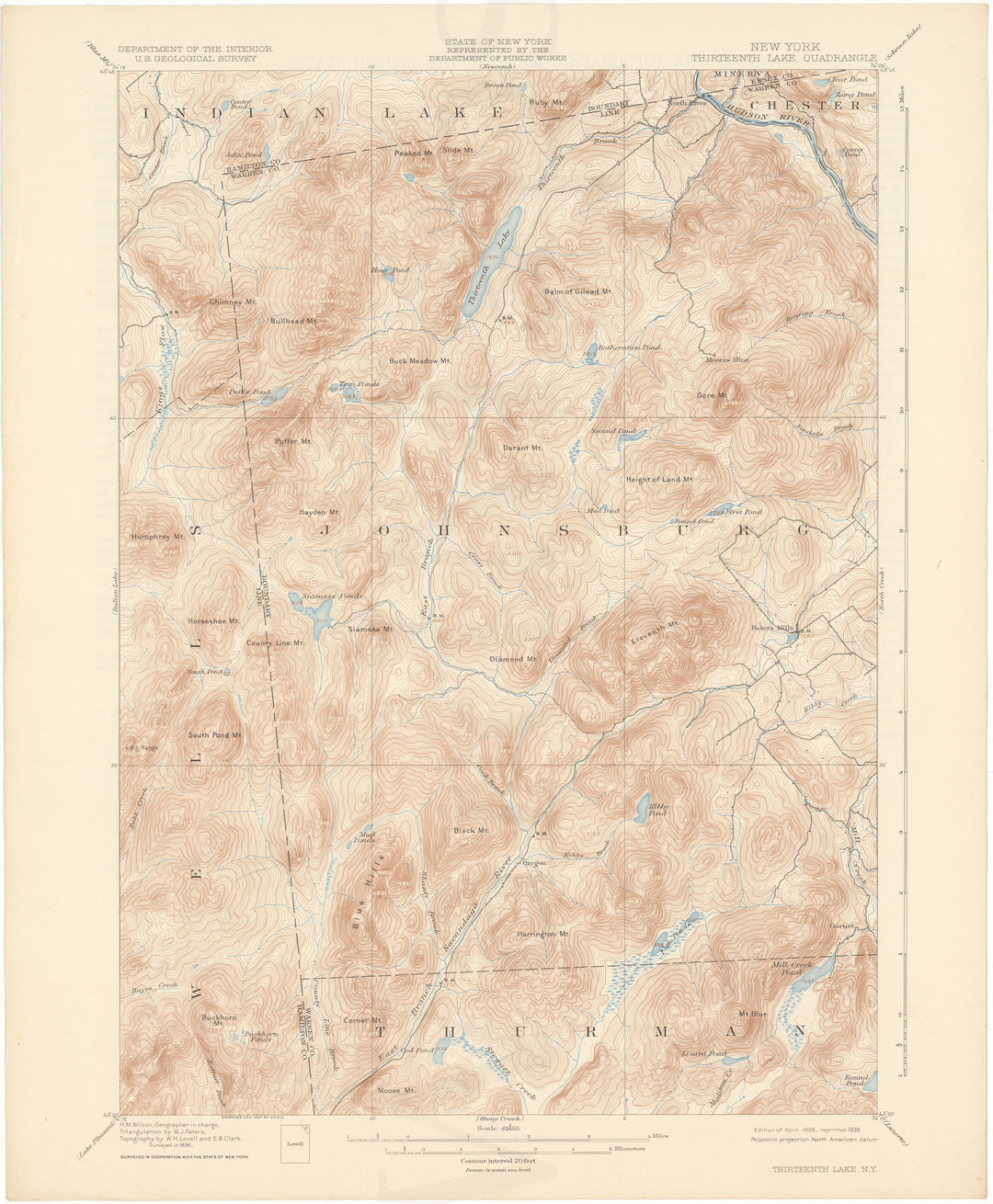 USGS New York: Thirteenth Lake Sheet 1898 edition 1936 reprint