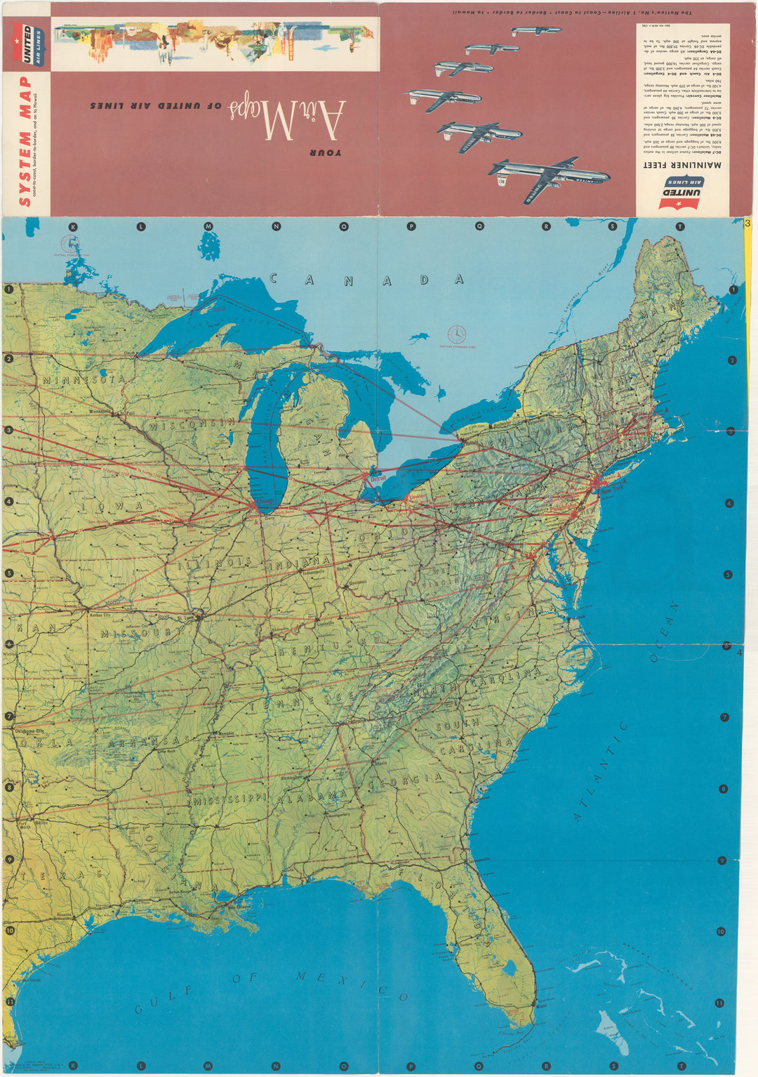 United Airlines System Map 1956 Eastern Portion