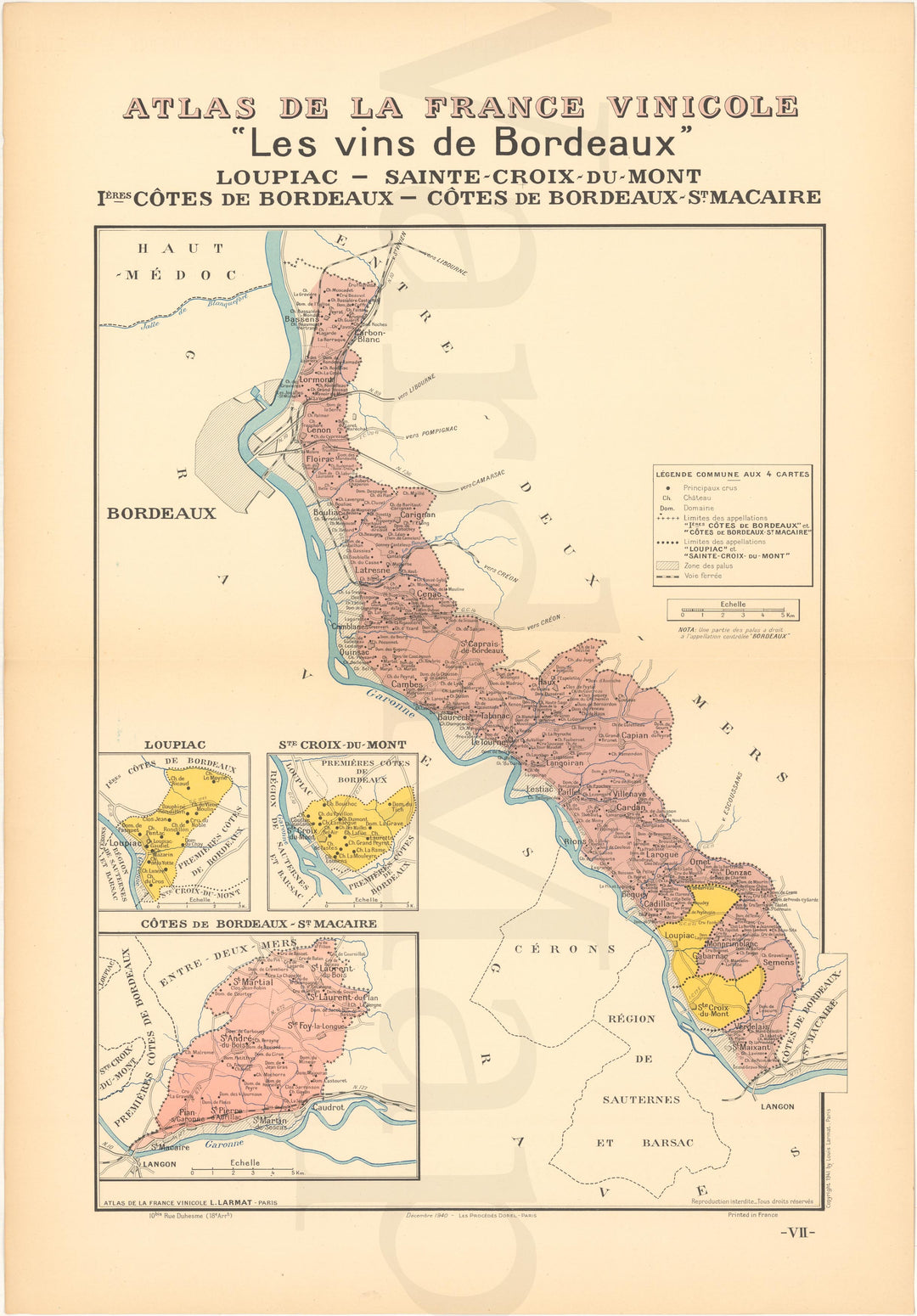 Atlas de la France Vinicole Vol. 01 1941 Plate 07: Loupiac, Sainte-Croix-du-Mont, 1st Cotes de Bordeaux, Cotes de Bordeaux-St. Macaire