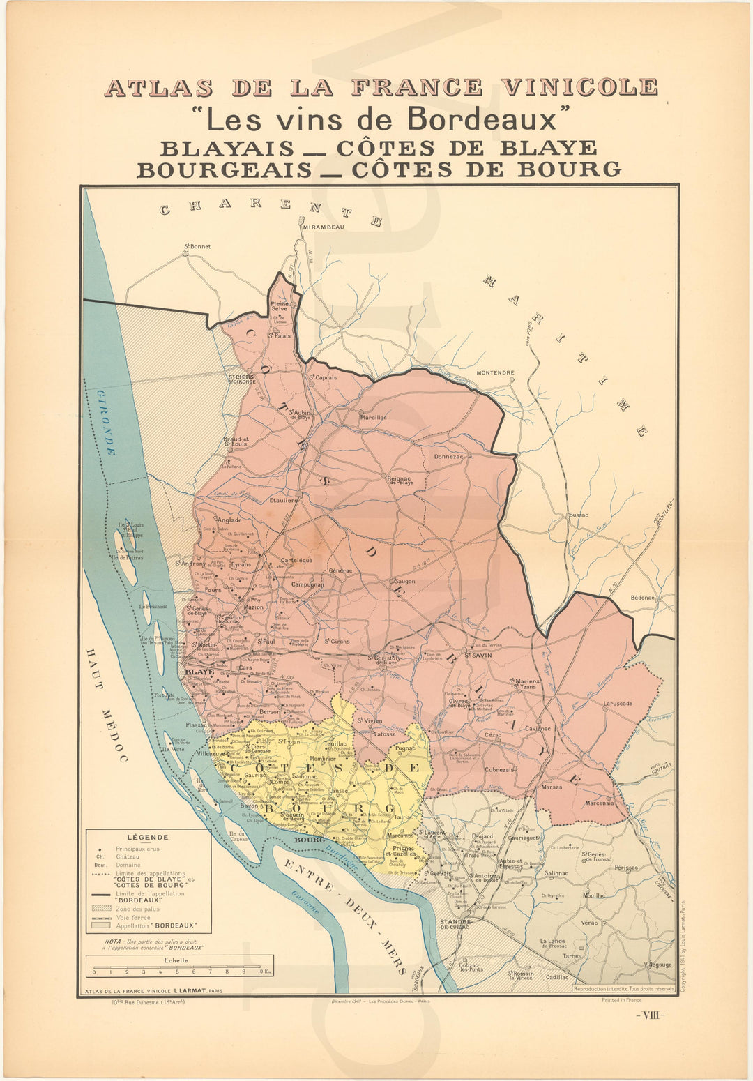 Atlas de la France Vinicole Vol. 01 1941 Plate 08: Blayais, Cotes de Blaye, Bourgeais, Cotes de Bourg