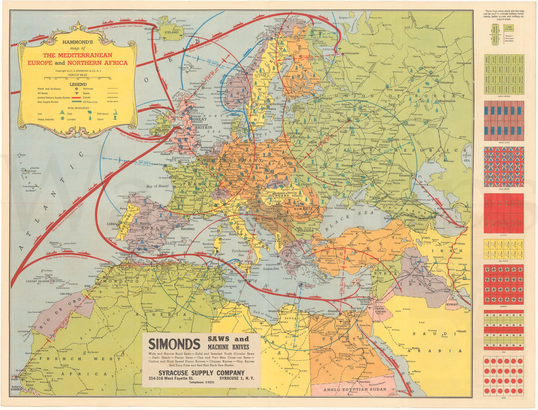 World War II Battle Maps Circa 1940s (Syracuse Supply Co.) Side A: Europe