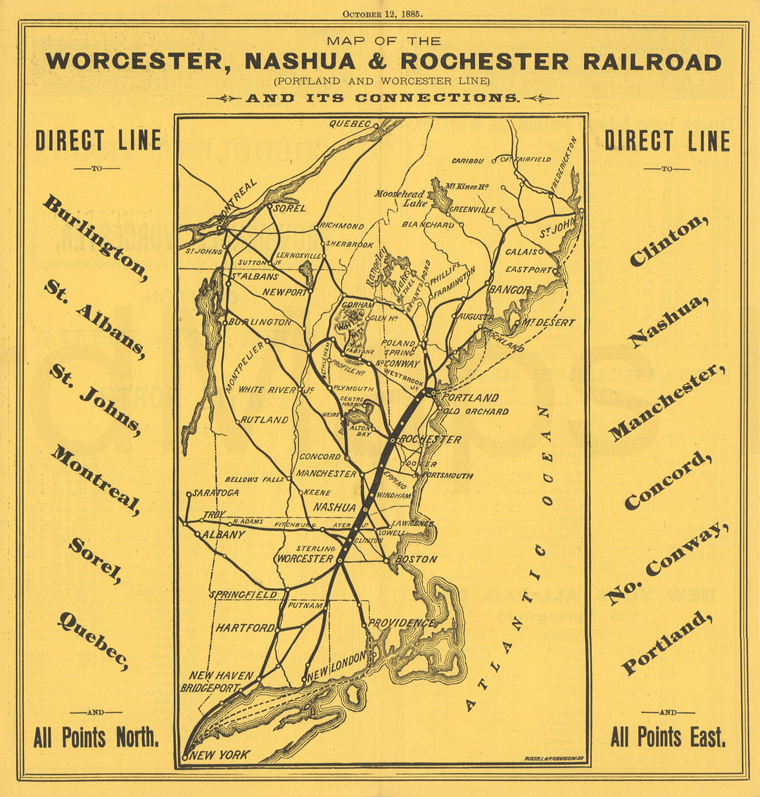 Worcester, Nashua & Rochester Railroad Timetable Oct. 12, 1885 (Map)