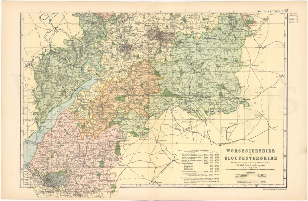 Worcestershire and Gloucestershire Counties, England 1899 (South Part)