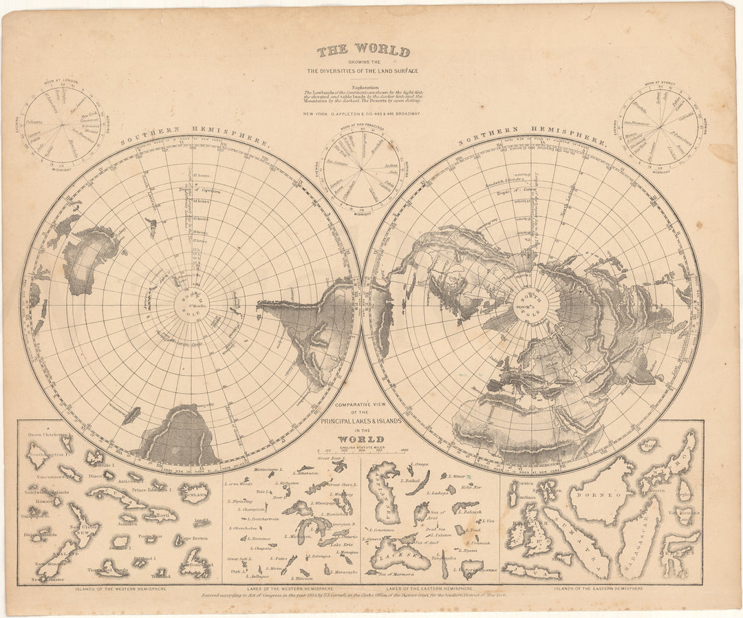 World Polar Hemispheres, Lakes, and Islands 1866 (Cornell's)