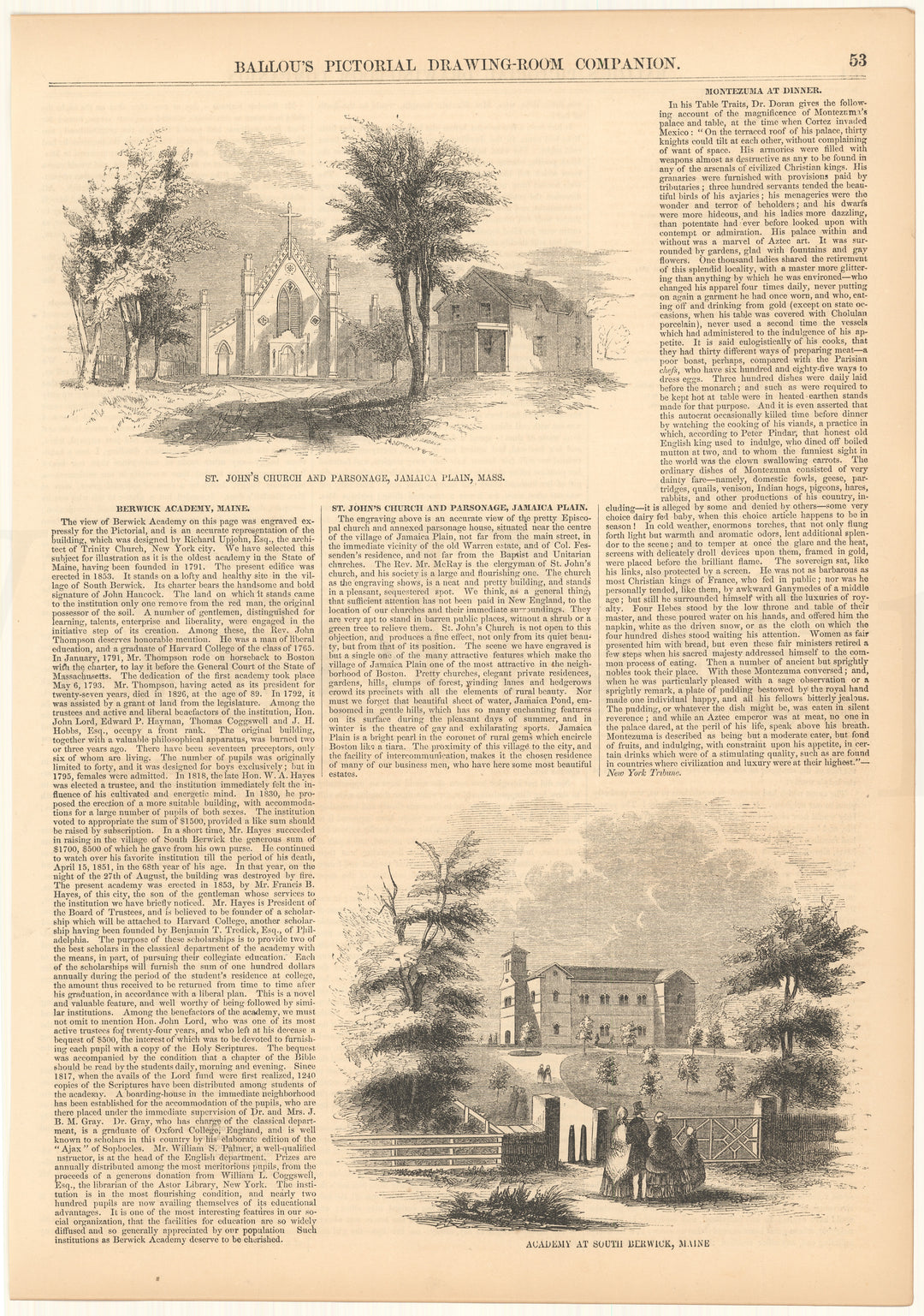 Ballou's Pictorial 1856: Berwick, Maine; Jamaica Plain, Boston, Massachusetts