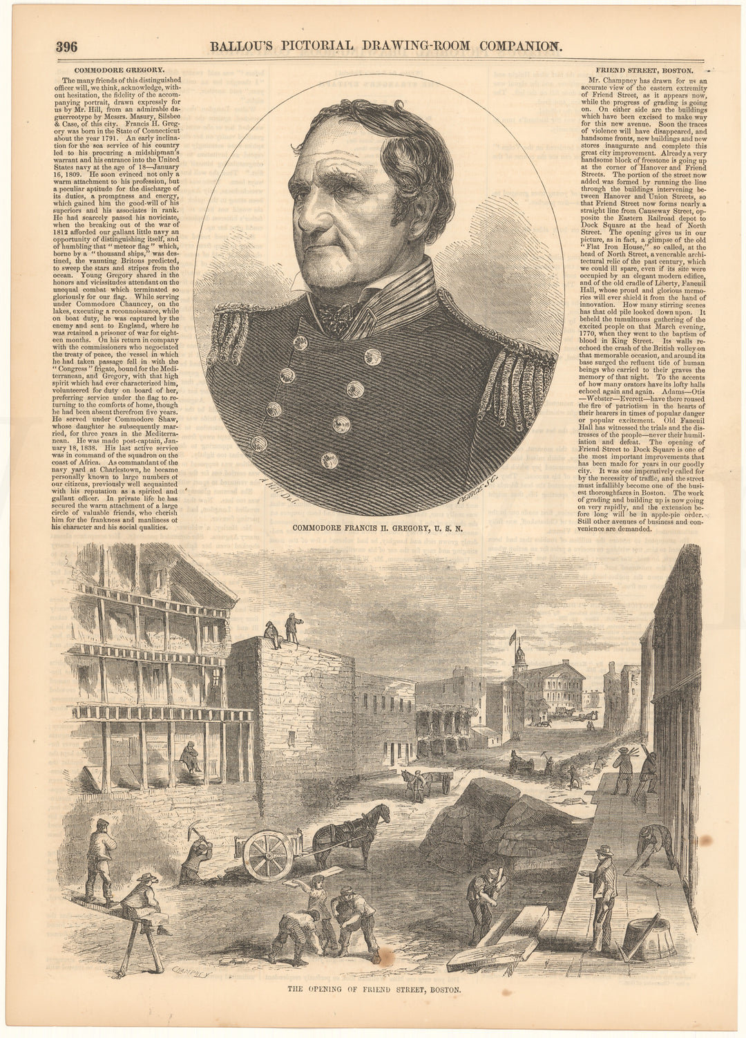 Ballou's Pictorial 1856: Friend Street, Boston, Massachusetts and Commodore Fancis H. Gregory
