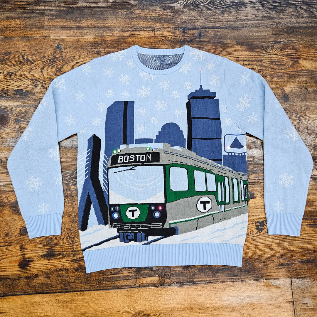 Boston MBTA Holiday Sweater 2025: Green Line with Skyline WITH LED LIGHTS! - 20% OFF CLEARANCE SALE