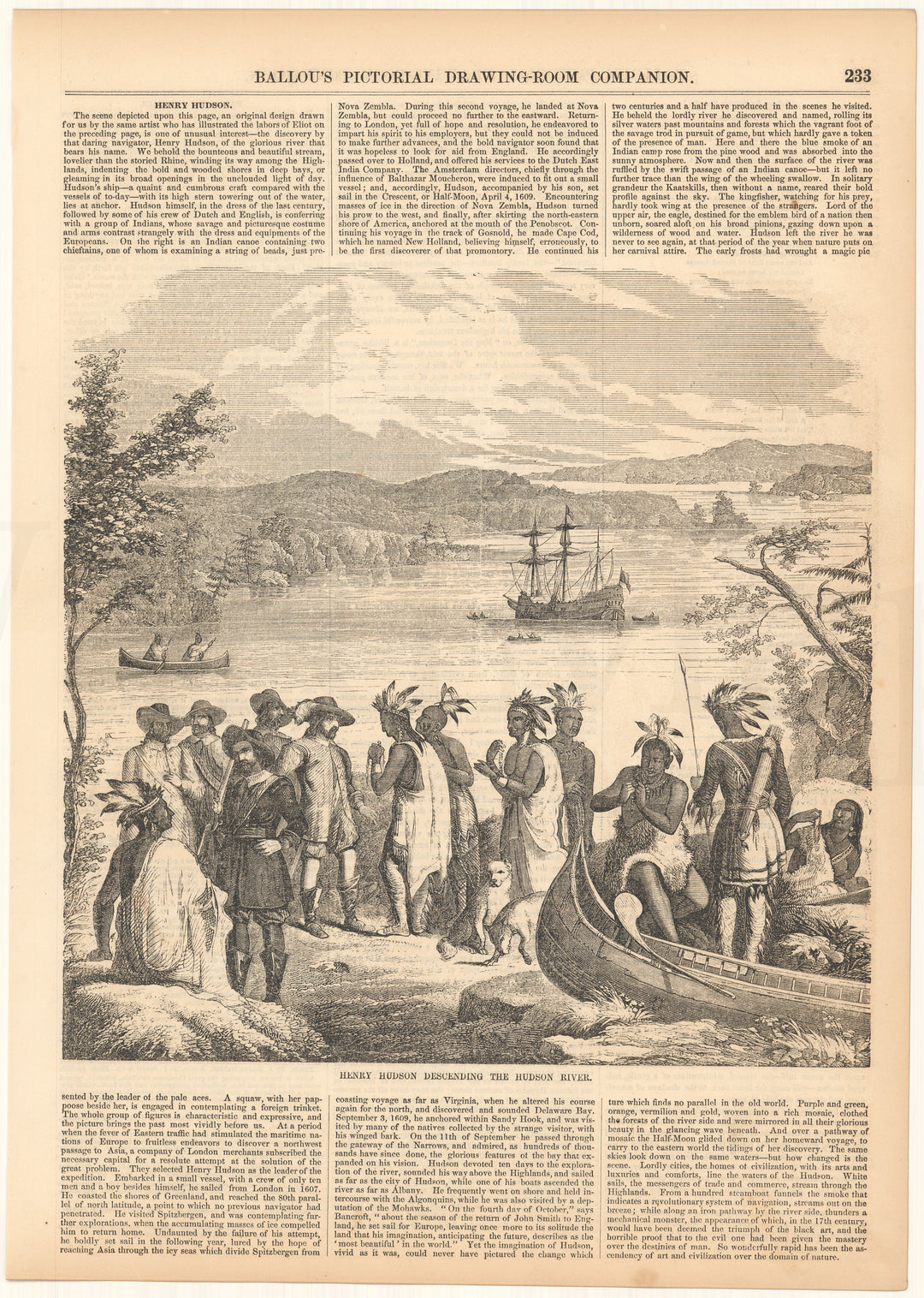 Ballou's Pictorial 1856: Henry Hudson Descending The Hudson River, New York