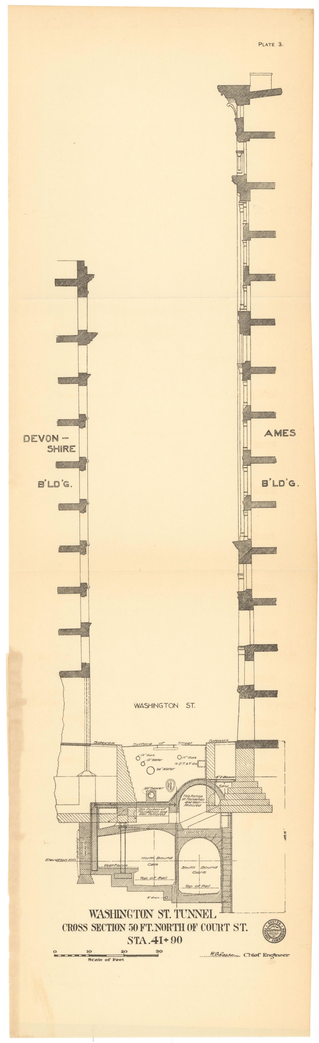 BTC Report 12 1906 Plate 03: Washington Street Tunnel Cross Section at Ames Building