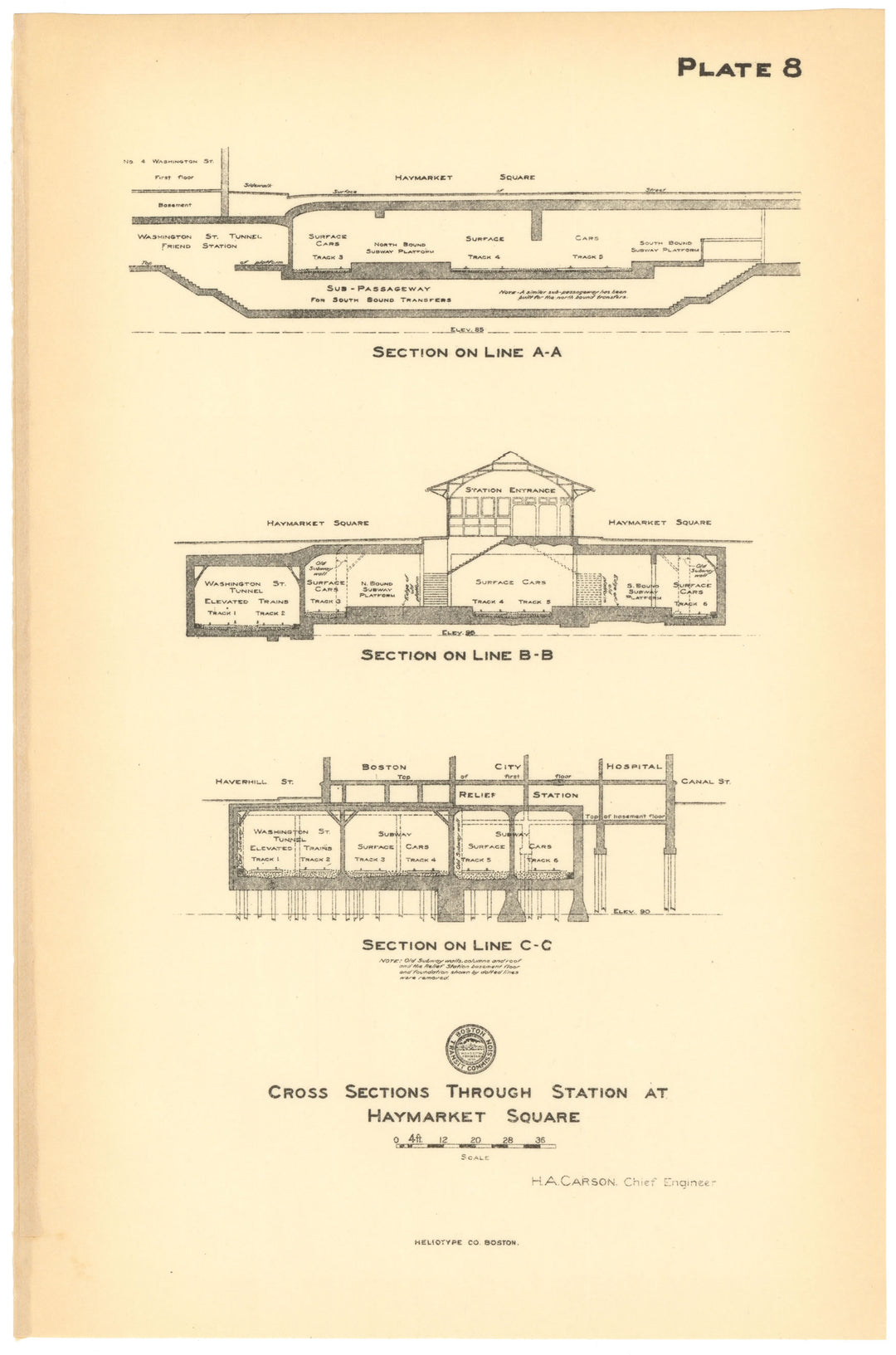 BTC Report 15 1909 Plate 08: Haymarket Square Station Sections