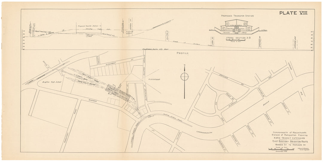 MDMP Report 1926 Plate 08: Rapid Transit Extension, East Boston - Brighton Route, Warren St. to Harvard Ave.