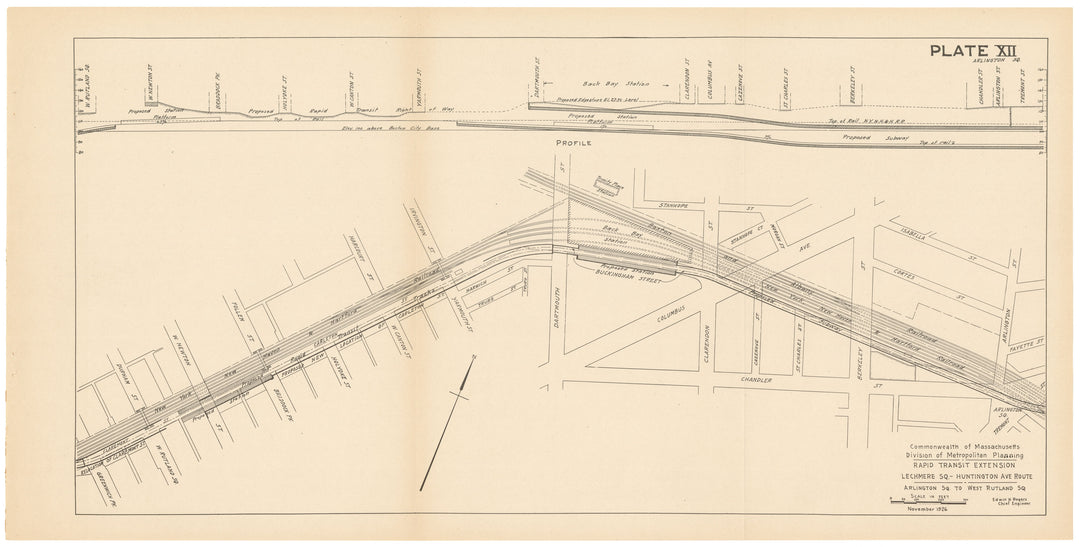 MDMP Report 1926 Plate 12: Rapid Transit Extension, Lechmere - Huntington Ave Route, Arlington Sq. to W. Rutland St.