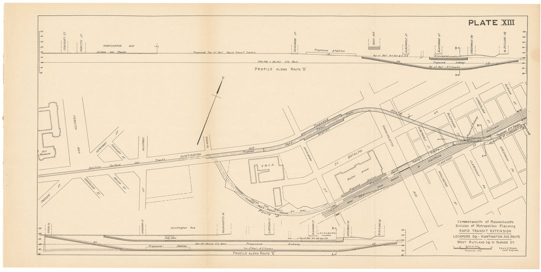 MDMP Report 1926 Plate 13: Rapid Transit Extension, Lechmere - Huntington Ave Route, W. Rutland St. to Parker St.