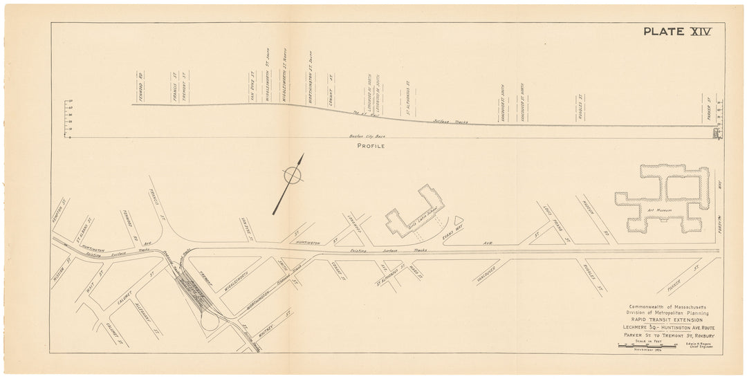 MDMP Report 1926 Plate 14: Rapid Transit Extension, Lechmere - Huntington Ave Route, Parker St. to Tremont St.