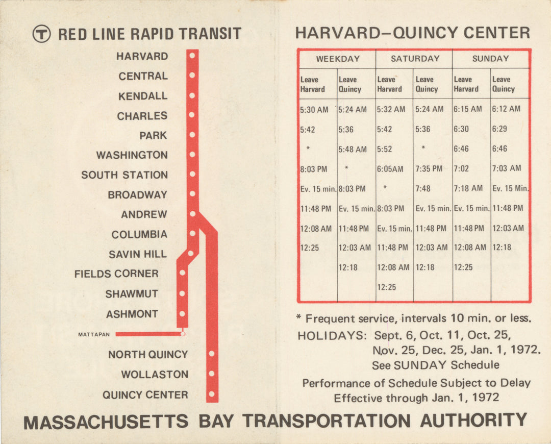 MBTA Red Line South Shore Schedule Card 1971 (Side B)