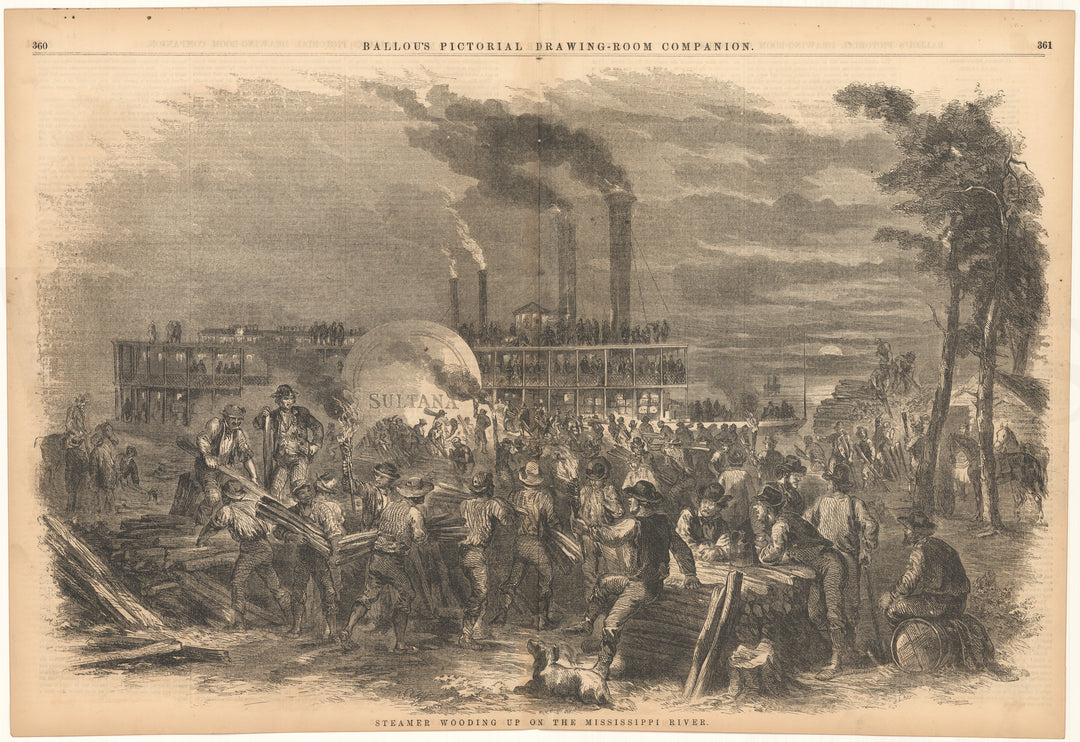 Ballou's Pictorial 1856: Paddle Steamer "Sultana" Wooding up on the Mississippi River