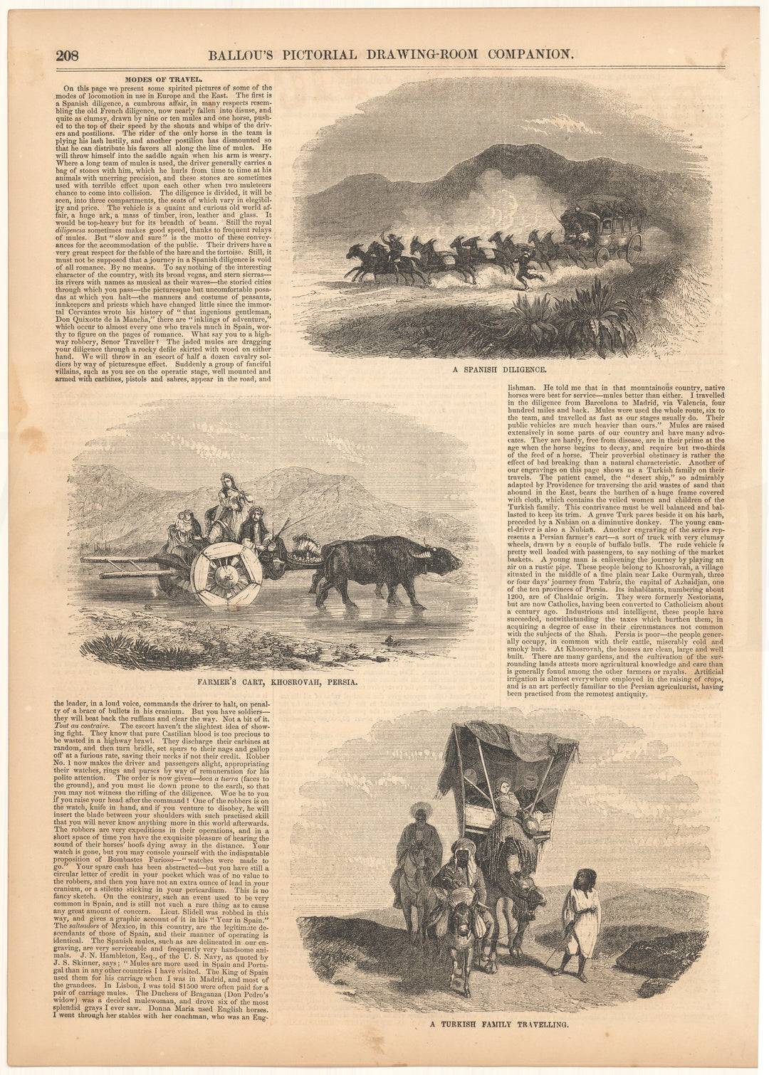 Ballou's Pictorial 1856: Spanish Diligence, Persian Cart, and Turkish Travellers