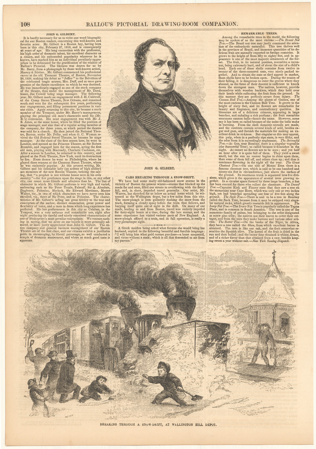 Ballou's Pictorial 1856: Train Breaking Through Snow, Wellington Hill Depot, Belmont, Massachusetts