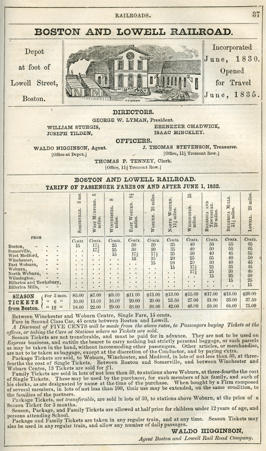 Boston & Lowell Railroad Print Advertisement 1852