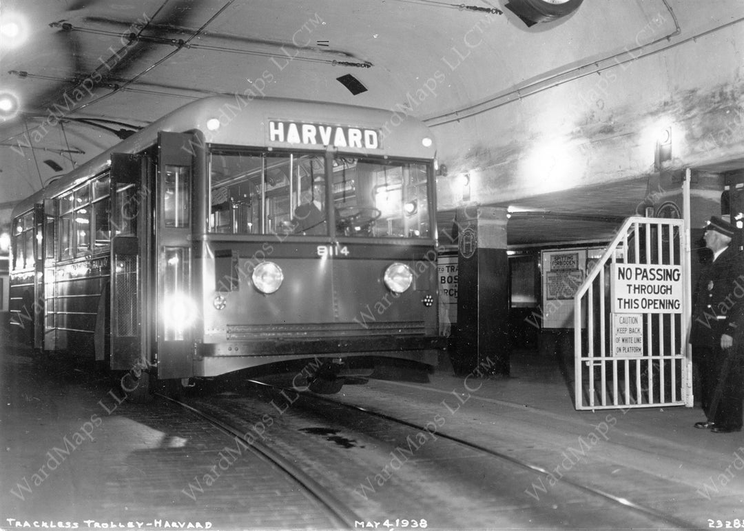 Trackless Trolley at Harvard Station, Cambridge, Massachusetts, May 4, 1938