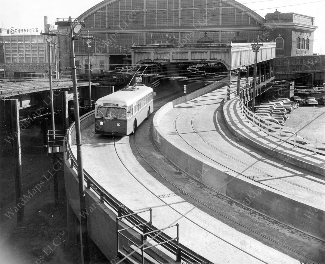 Trackless Trolley at Sullivan Square Station, Charlestown, Massachusetts, December 11, 1946