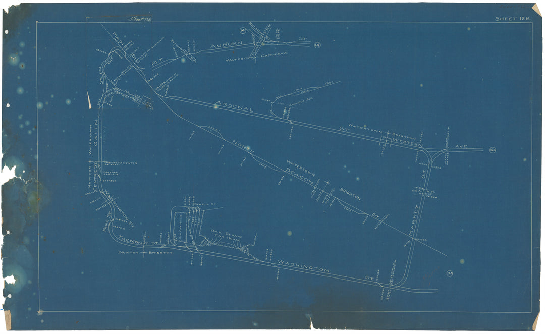BERy Track Milage Map 1908 Plate 12B: Brighton, Cambridge, and Watertown, Massachusetts