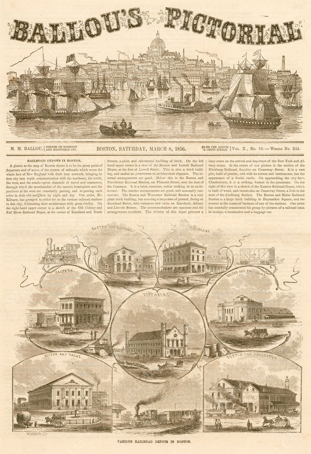 Ballou's Pictorial 1856 Mar 08: Steam Railroad Passenger Terminals, Boston, Massachusetts