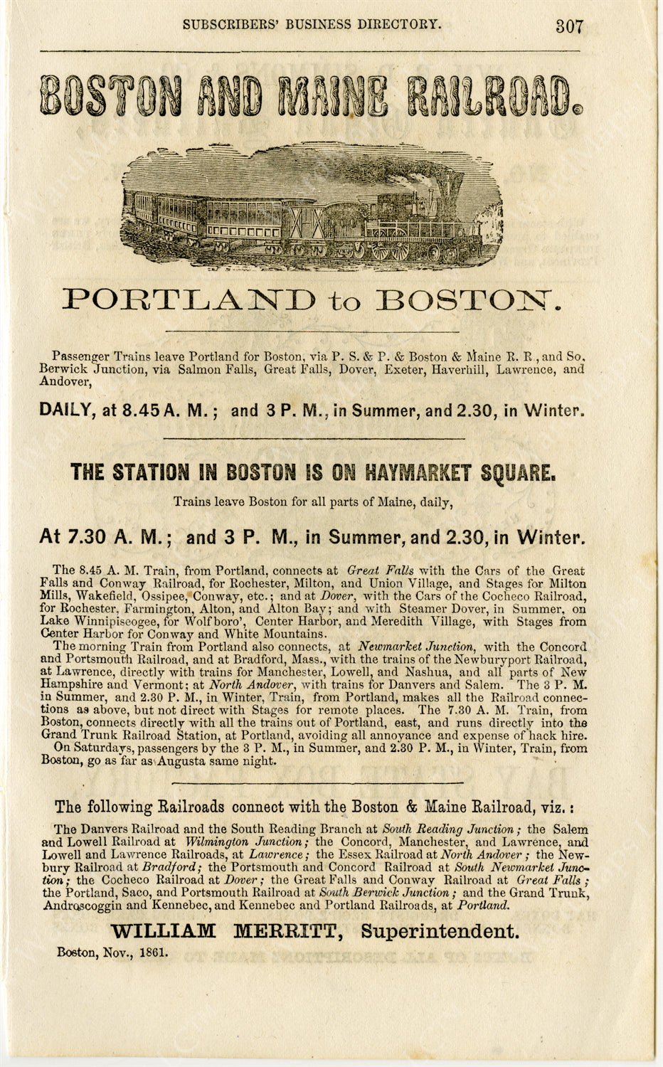 Boston & Maine Railroad "Portland to Boston" Print Advertisement 1861