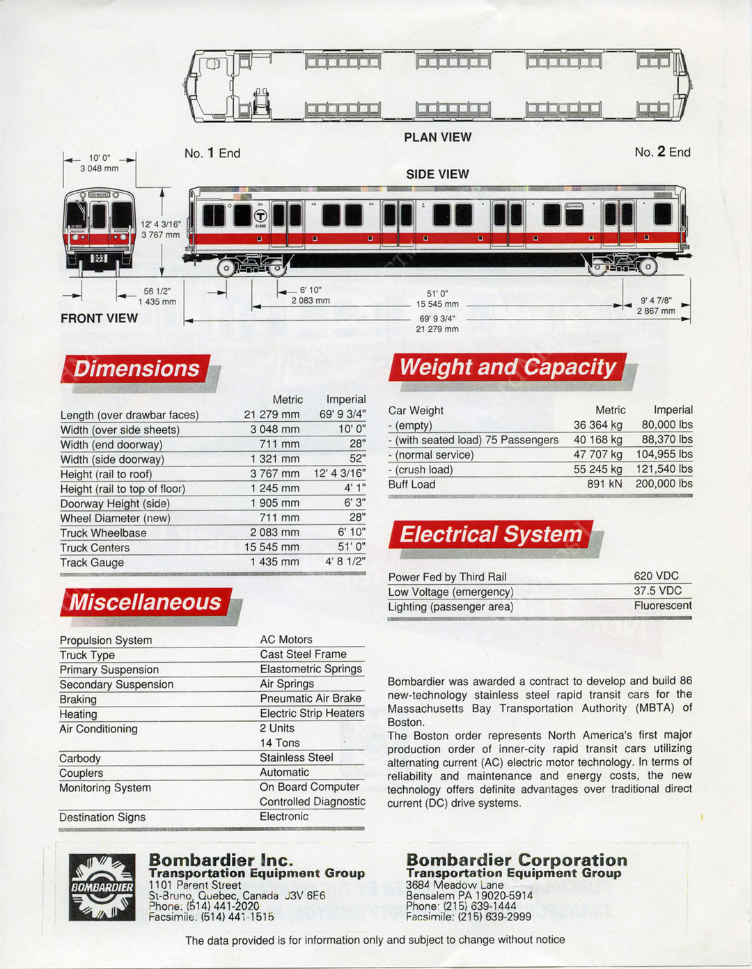 MBTA Red Line Type 3 Rapid Transit Car Pamphlet 1992 (Side B)
