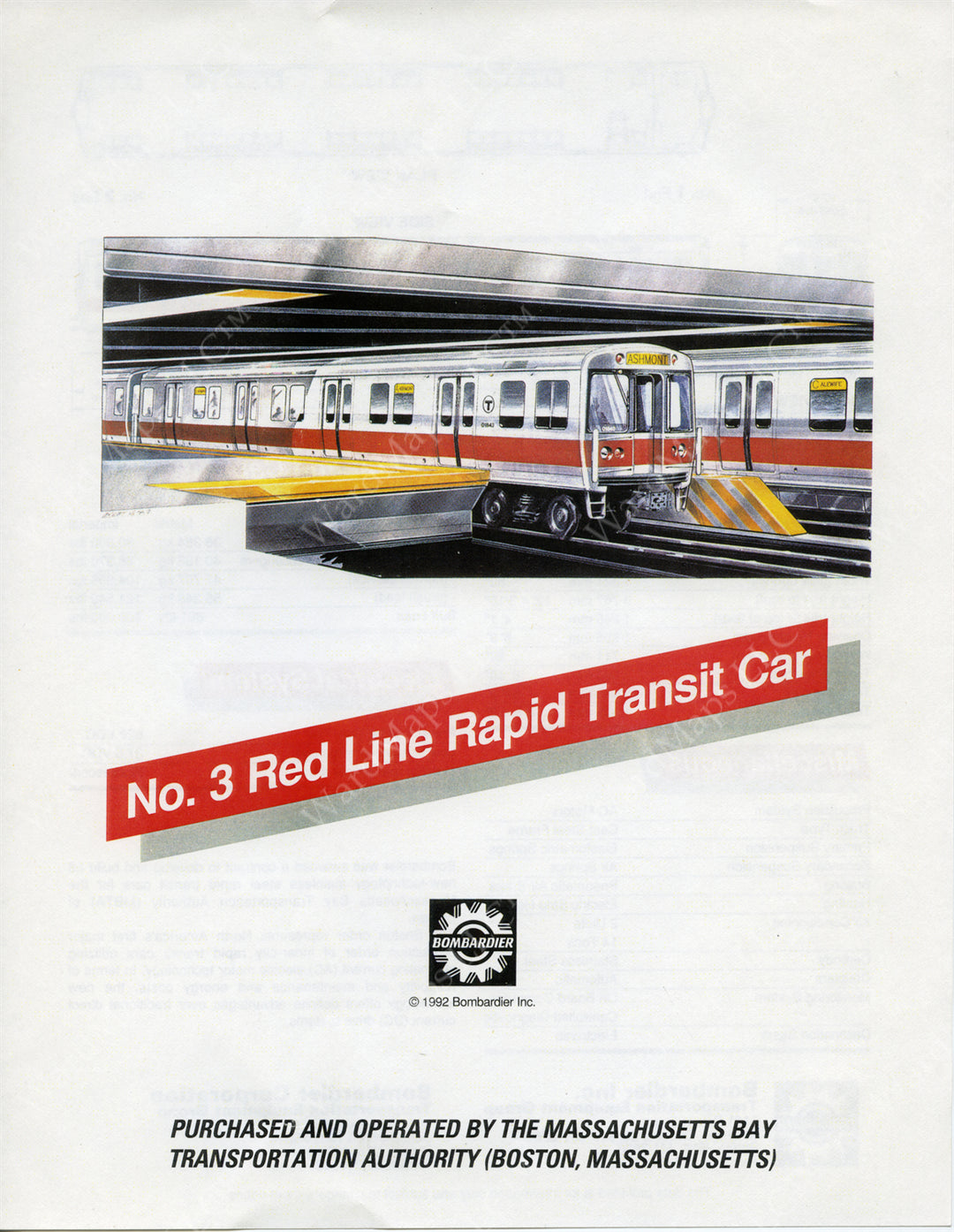 MBTA Red Line Type 3 Rapid Transit Car Pamphlet 1992 (Side A)