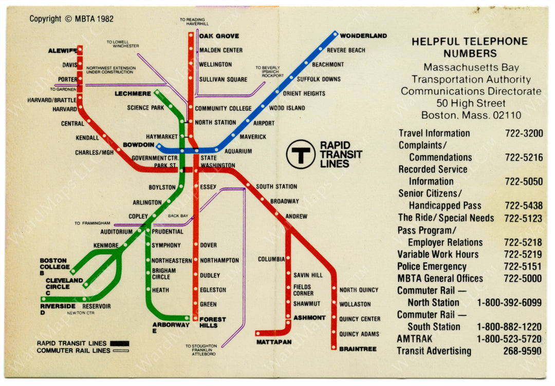 MBTA Folding Pocket Rapid Transit Map 1982 (Side B)