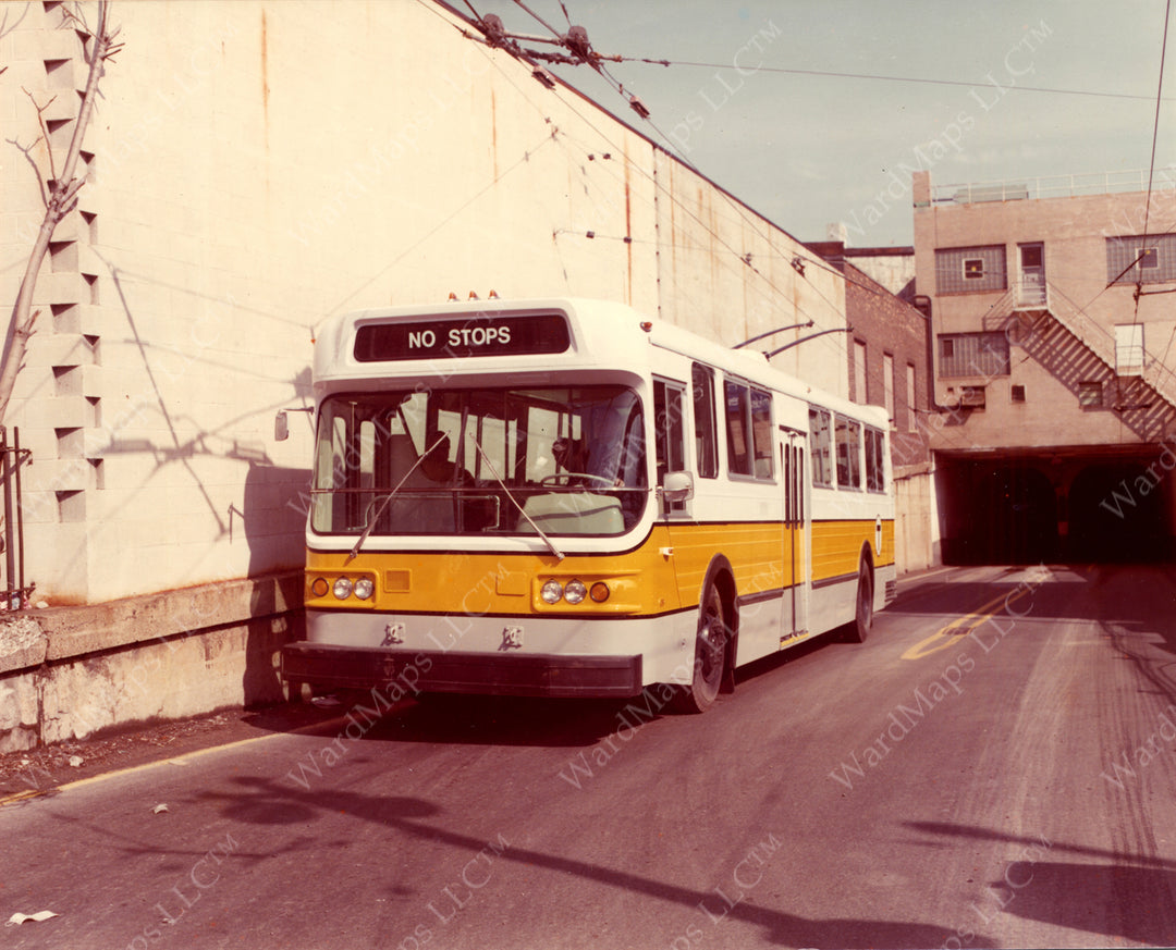MBTA 4000-series Trackless Trolley at Harvard Square, Cambridge, Massachusetts Circa 1976