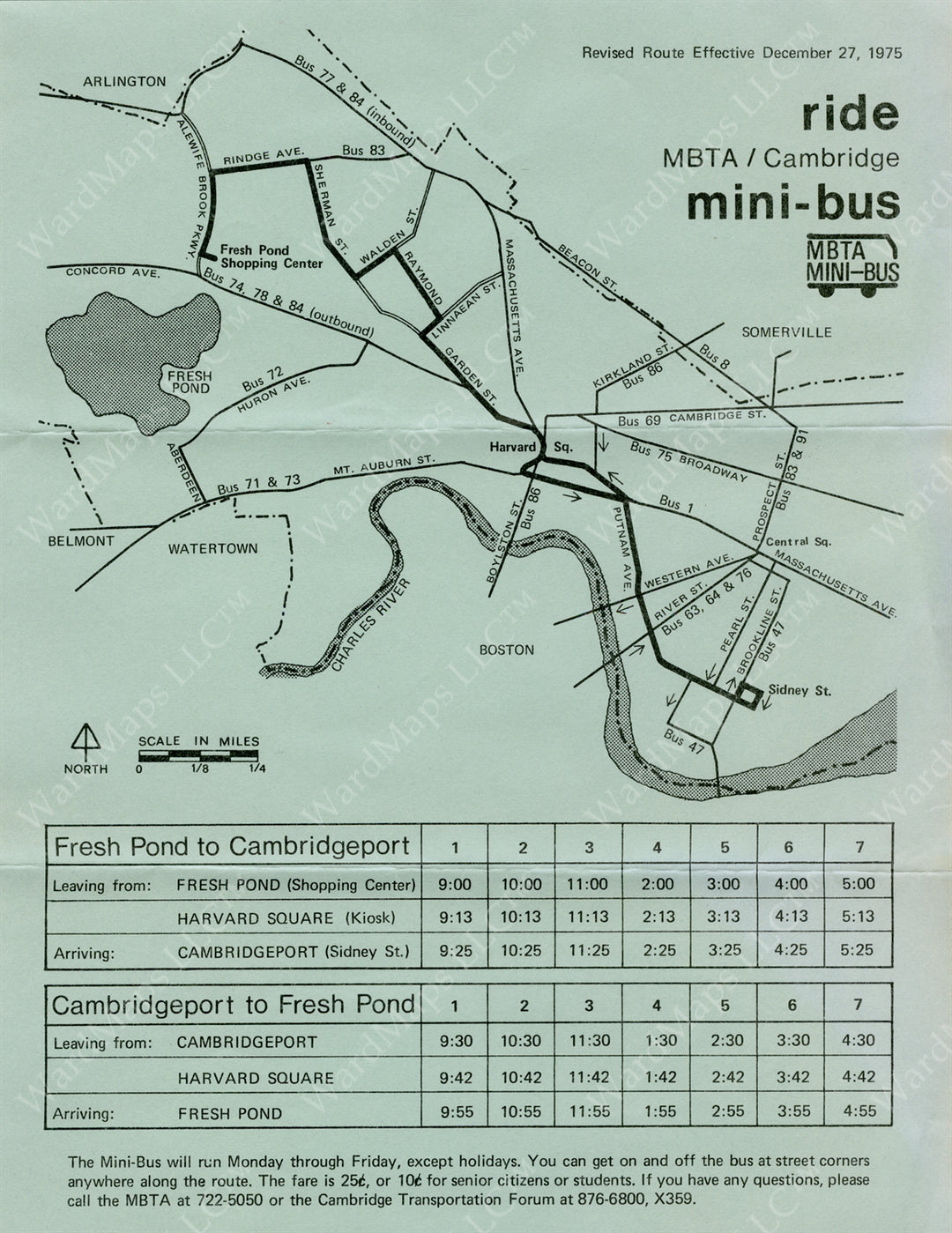 MBTA Mini Bus Map and Timetable for Cambridge, Massachusetts 1975