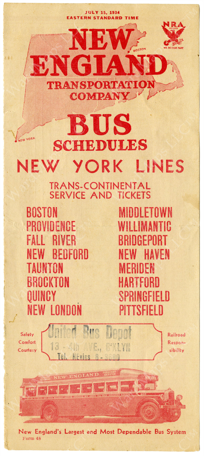 New England Transportation Co. Bus Schedule Cover 1934