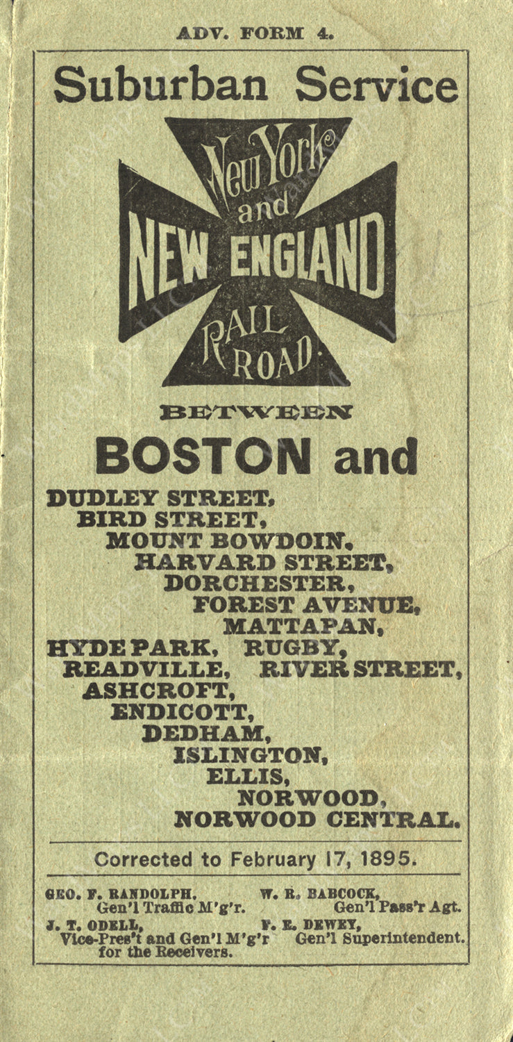 New York & New England Railroad "Suburban Service" Timetable Cover 1895