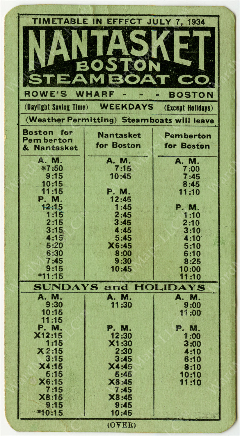 Nantasket Steamboat Co. (Massachusetts) Schedule Card 1934 (Side A)