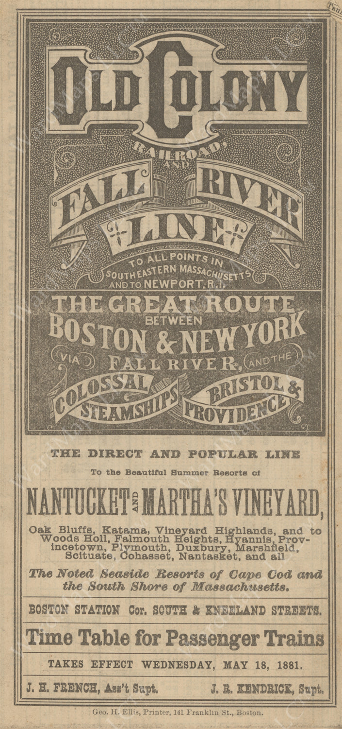 Old Colony Railroad (Massachusetts) Timetable Cover 1881