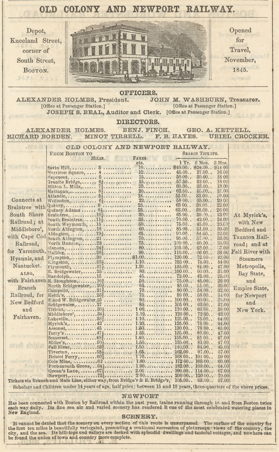 Old Colony Railroad (Massachusetts) List of Fares, Circa Late 1860s