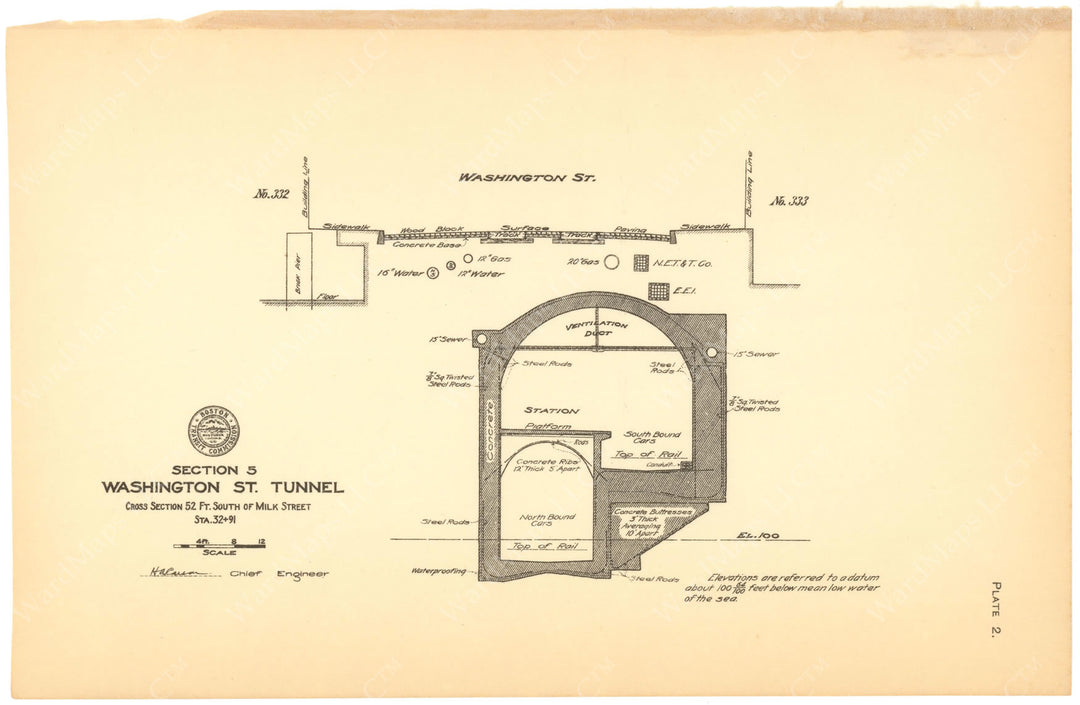 BTC Report 12 1906 Plate 02: Washington Street Tunnel, Milk Street Station Cross Section